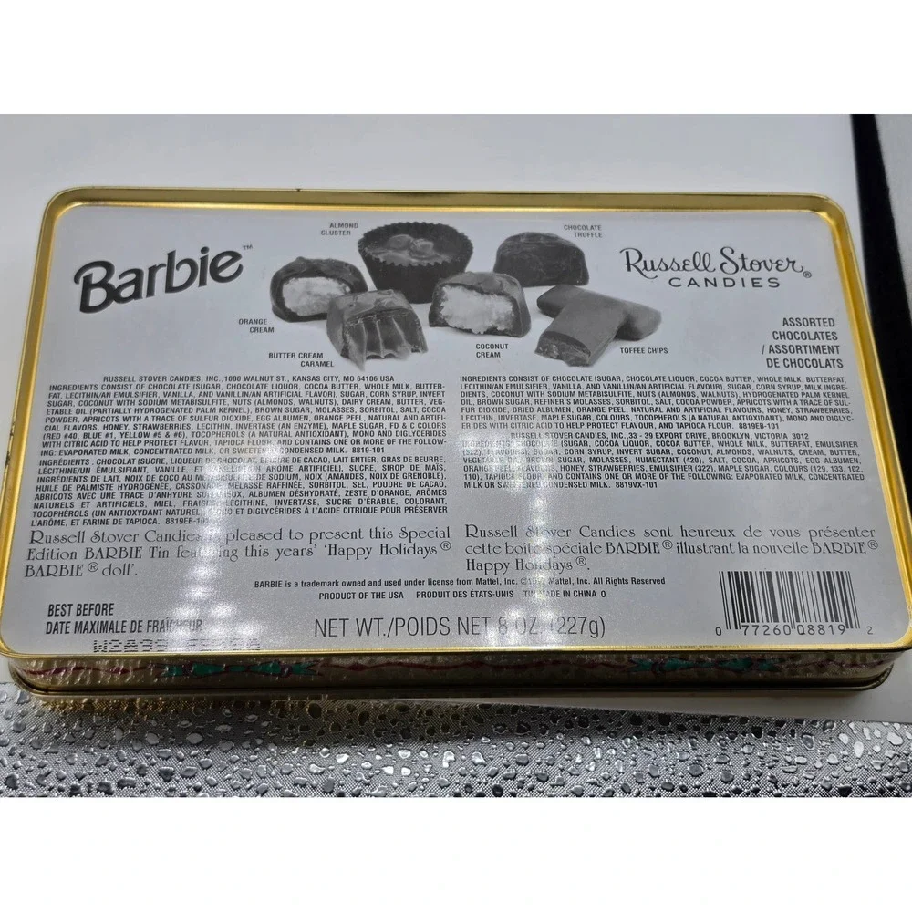 Vintage Barbie Happy Holidays 1996 Russell Stover Candies Tin Gold *Empty